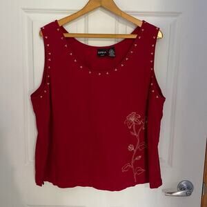 ERIKA WOMAN Tank Top 2X Red with Bead & Embroidered Trim Linen Rayon *flaw